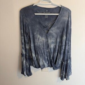 American Eagle Outfitters Blue Tie-Dye Wrap Blouse